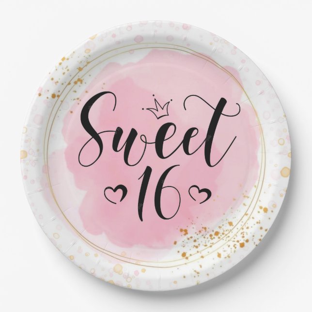Pink Glitter Wreath Sweet 16th Girl Birthday Paper Plates (Front)