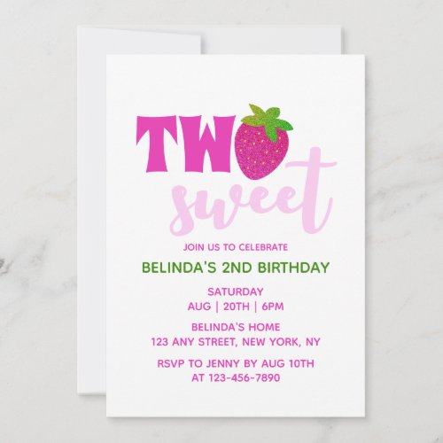 Pink Glitter Y2K Strawberry Two Sweet 2nd Birthday Invitation