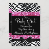 Pink Glitter Zebra Bow Baby Shower Girl Invitation (Front/Back)