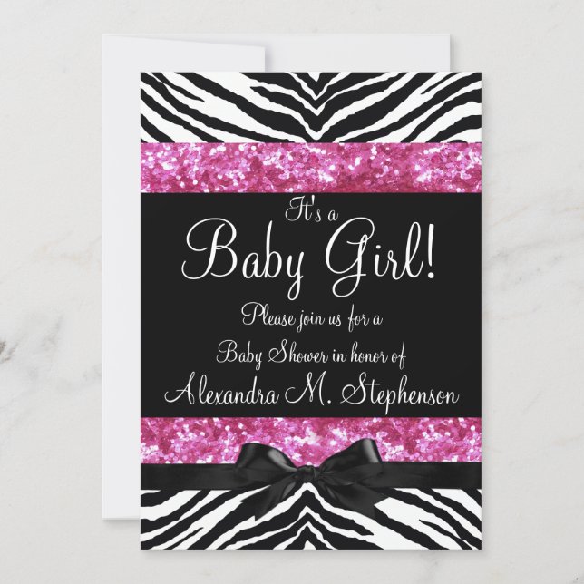 Pink Glitter Zebra Bow Baby Shower Girl Invitation (Front)
