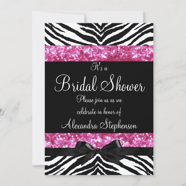 Pink Glitter Zebra Bow Bridal Shower Invitation (Front)