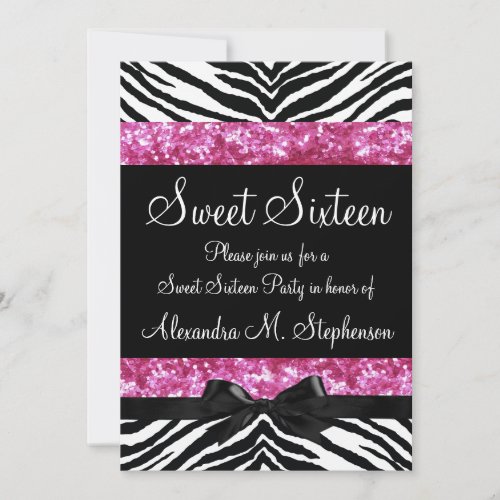 Pink Glitter Zebra Bow Sweet Sixteen Personalized Invitation