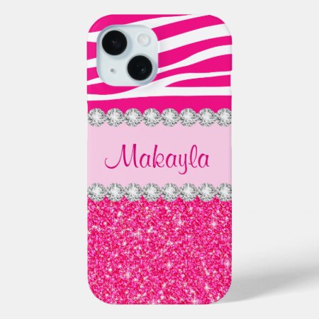 Pink Glitter Zebra Iphone 15 Case