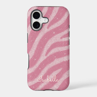 Pink Glitter Zebra Print Glam Personalized Name iPhone 17 Case