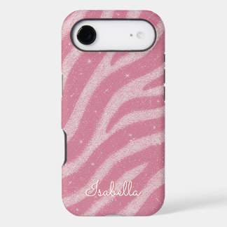 Pink Glitter Zebra Print Glam Personalized Name iPhone 17 Air Case
