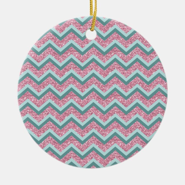 Pink Glitter ZigZag Pattern Ceramic Ornament (Front)