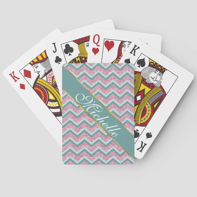 Pink Glitter ZigZag Pattern Poker Cards (Back)