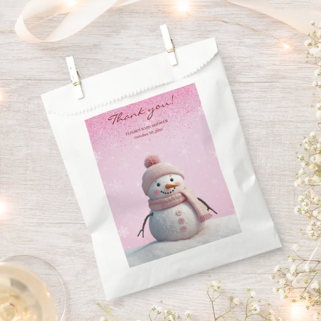 Pink Glitters Winter Snowman Baby Shower Favor Bag (Clipped)
