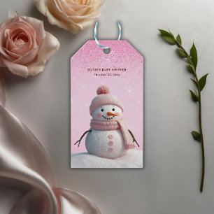 Pink Glitters Winter Snowman Baby Shower Gift Tags