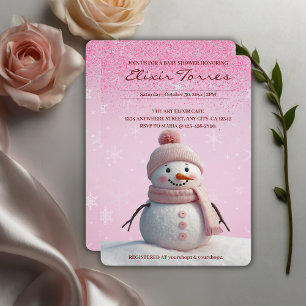 Pink Glitters Winter Snowman Baby Shower Invitation