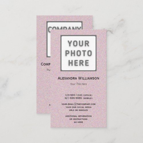 Pink Glittery Photo Logo Double_Sided Vertical Business Card