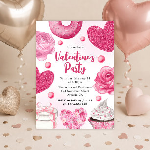 Pink & Glittery Roses and Cupcakes Valentine’s Day Invitation