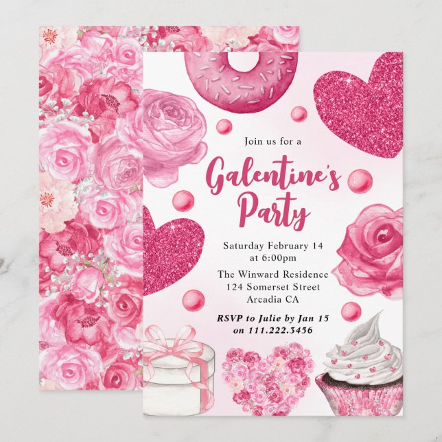 Pink & Glittery Roses & Cupcakes Galentine’s Day Invitation (Front/Back)