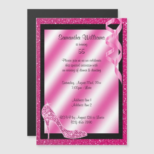 Pink Glittery Stiletto  Streamers 55th Birthday Magnetic Invitation