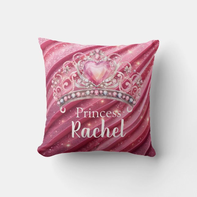Pink Glittery Tiara Girly Throw Pillow (Front)
