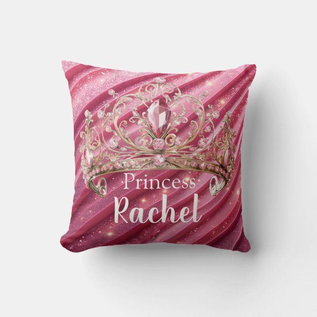 Pink Glittery Tiara Girly Throw Pillow (Front)