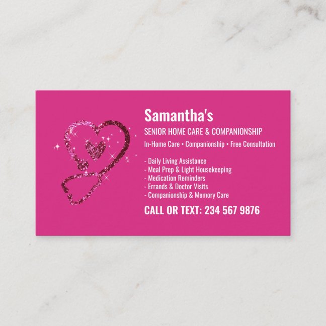 Pink Glitz Caregiver Senior Home Care Companion Business Card