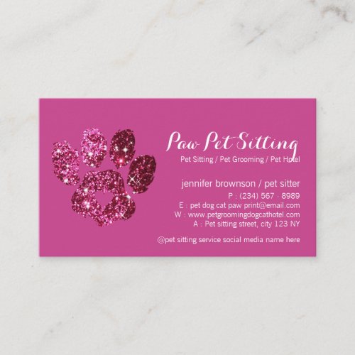 Pink Glitz Dog Cat Grooming Pet Sitter Paw Business Card