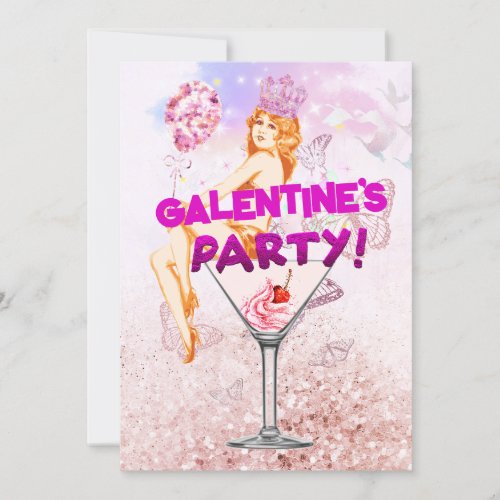 Pink Glitzy Glamorous Galentines Day Party Card