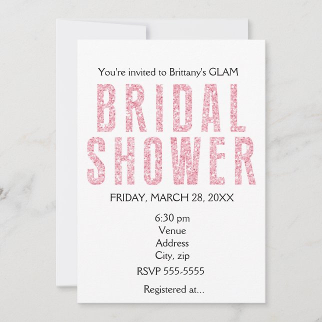 Pink Glitzy Glitter Glam Bridal Shower Invitation (Front)