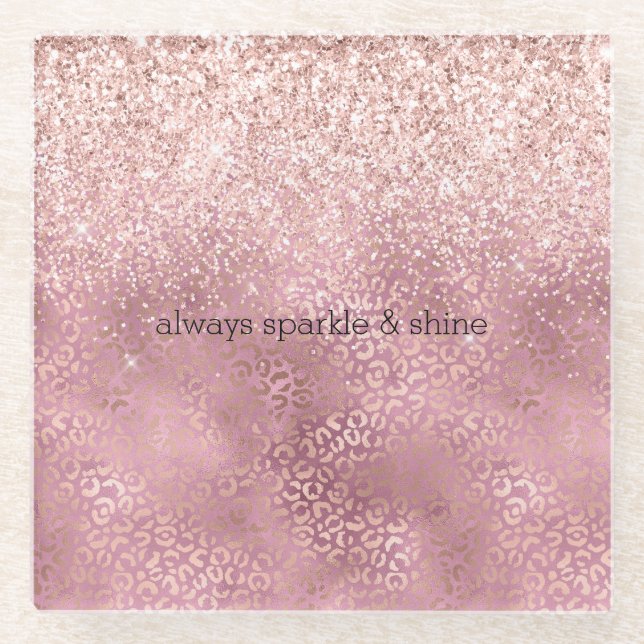 Pink Glitzy Glitter Leopard Print Glass Coaster (Front)