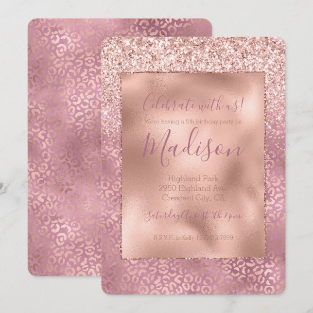 Pink Glitzy Glitter Leopard Print Invitation (Front/Back)
