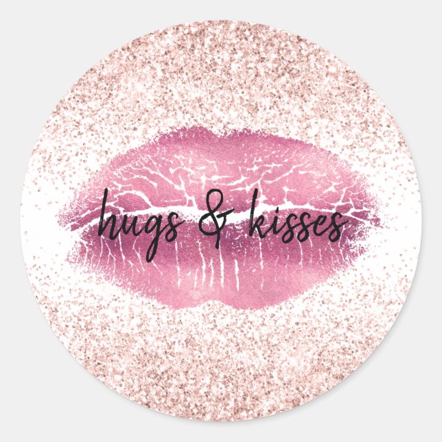 Pink Glitzy Glitter Lips Classic Round Sticker (Front)