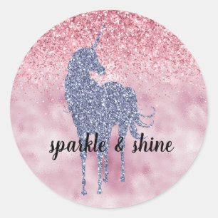 Pink Glitzy Glitter Purple Unicorn Classic Round Sticker