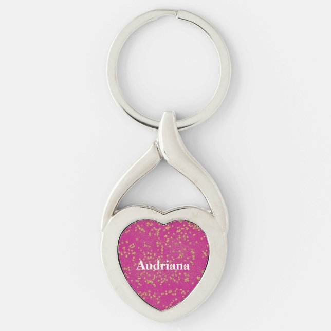 Pink Glitzy Gold Sparkle Confetti Dots Keychain (Front)