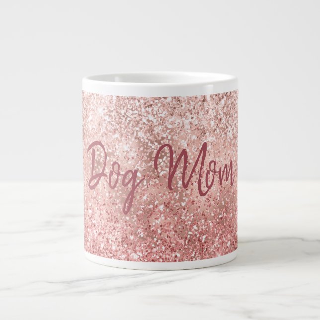 Pink Glitzy Sparkle Glitter Dog Mom Giant Coffee Mug (Front)