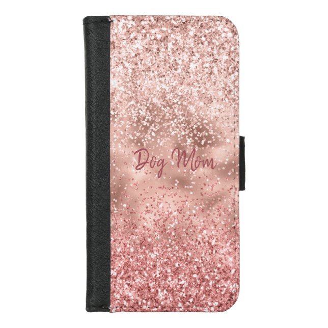 Pink Glitzy Sparkle Glitter Dog Mom iPhone Wallet Case (Front)