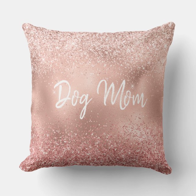 Pink Glitzy Sparkle Glitter Dog Mom Throw Pillow (Front)