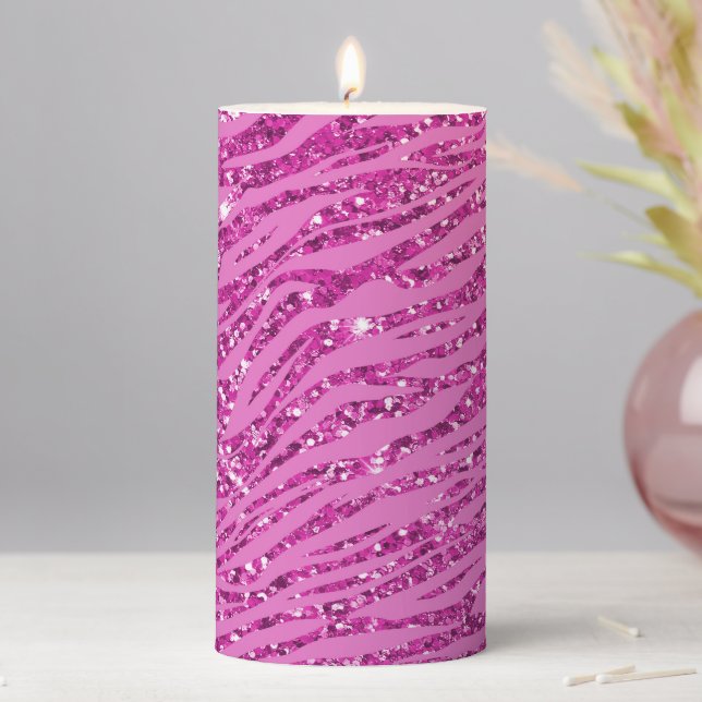 Pink Glitzy Sparkle Glitter Zebra Print Pillar Candle (In Situ)