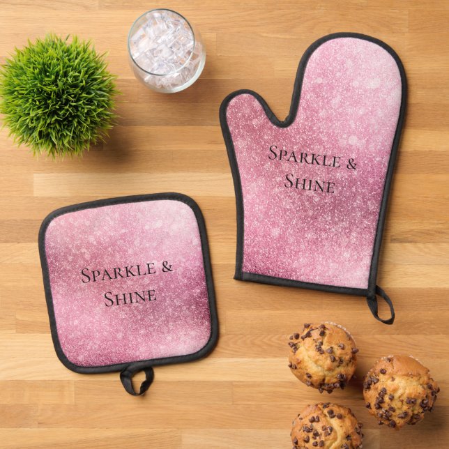 Pink Glitzy Sparkle Personalized  Oven Mitt & Pot Holder Set (Top Down)