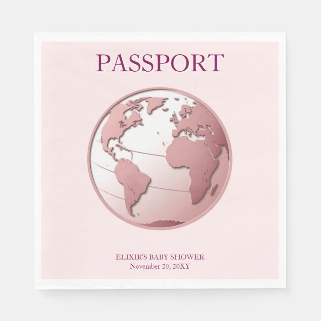 Pink Globe Passport Travel Baby Shower Napkins (Front)