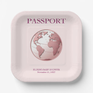 Pink Globe Passport Travel Baby Shower Paper Plates