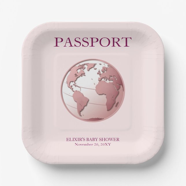 Pink Globe Passport Travel Baby Shower Paper Plates (Front)