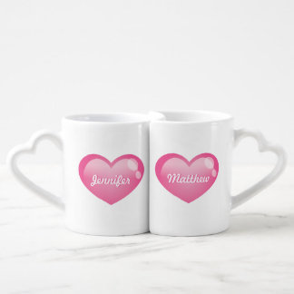 Pink Glossy Hearts With Custom Names Coffee Mug Set