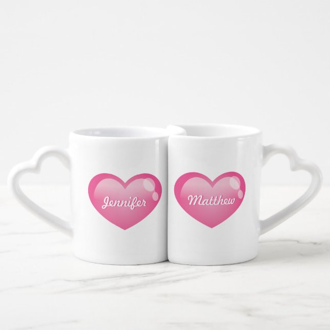 Pink Glossy Hearts With Custom Names Coffee Mug Set (Front Nesting)