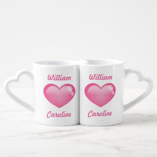 Pink Glossy Hearts With Names Coffee Mug Set