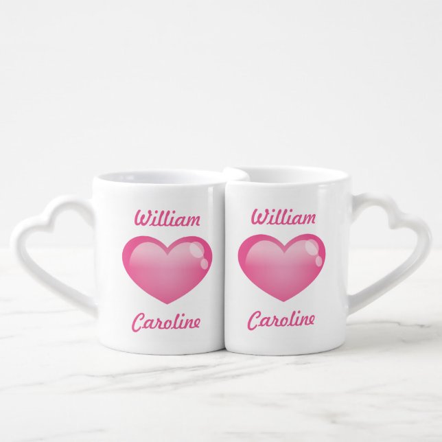Pink Glossy Hearts With Names Coffee Mug Set (Front Nesting)