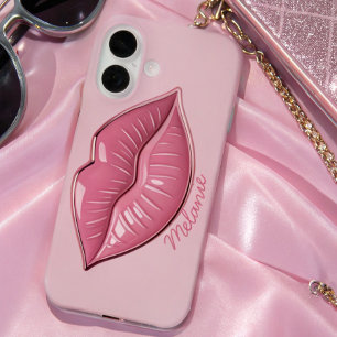 Pink glossy lips shaped iPhone 16 case
