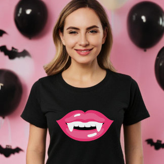 Pink Glossy Vampire Lips Fangs Mouth Halloween T-Shirt