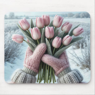 Pink Gloves Holding a Tulip Bouquet Mouse Pad