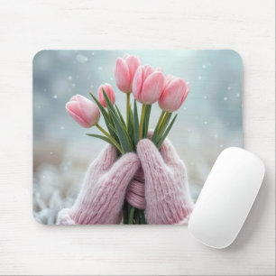 Pink Gloves Holding Tulip Bunch Mouse Pad