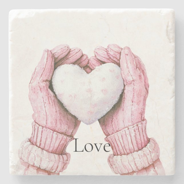 Pink Gloves White Heart Love Stone Coaster (Front)