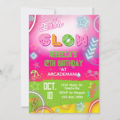 Pink GLOW Birthday Gaming Arcade Party Glow Neon Invitation