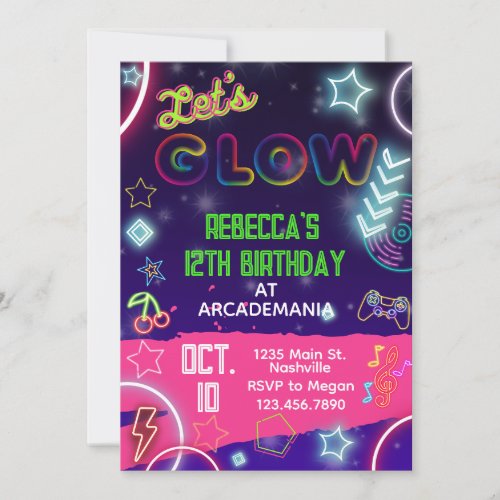 Pink GLOW Birthday Gaming Arcade Party Glow Neon Invitation