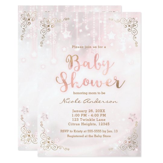 Pink Glow Gold Celestial Sparkle Baby Shower Invitation Zazzle Com