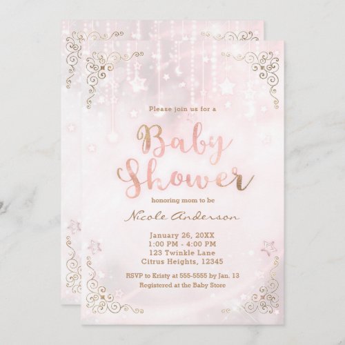 Pink Glow  Gold Celestial Sparkle Baby Shower Invitation